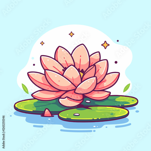 Flat vector illustration of water lily. Pink flowers and green leafs. Vector EPS 10