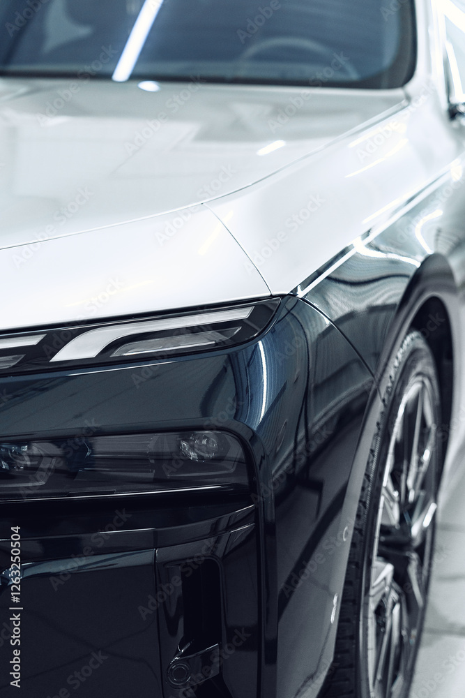 Fototapeta premium Sleek modern electric car showcasing design and technology in a well-lit showroom environment