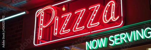 A retro-style pizza shop sign glowing with the words 