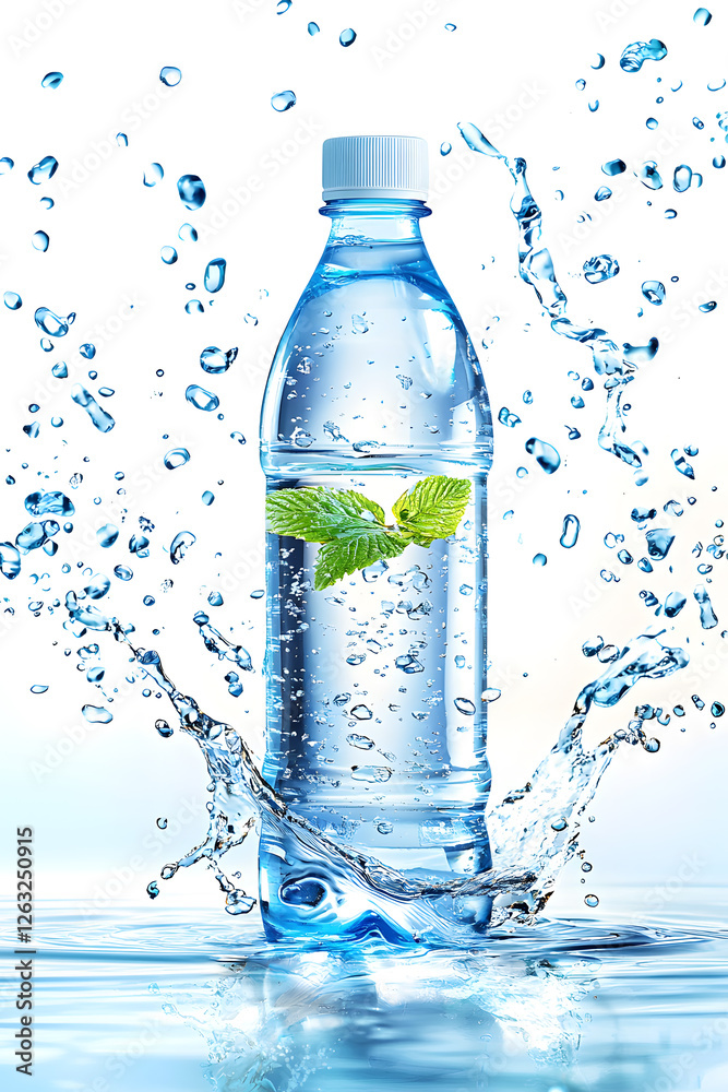 A plastic bottle in the middle and flying splashes and drops of water around a blue A plastic bottle in the middle and flying splashes and drops of water around a blue