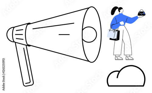 Woman carrying shopping bags while holding a bell, positioned near a large megaphone and a cloud shape. Ideal for marketing, e-commerce, shopping, announcements, communication, consumer behavior