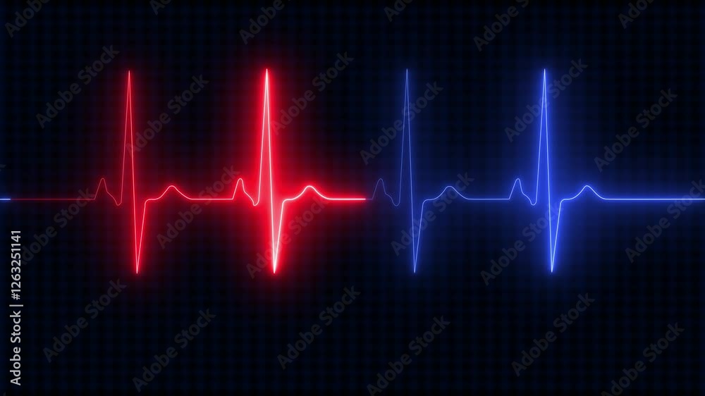 Digital minimalist neon cardiogram showing one heart cycle. Correct medical image of a cardiogram with the appropriate teeth and segments. Black background. Digital minimalist neon cardiogram showing one heart cycle. Correct medical image of a cardiogram with the appropriate teeth and segments. Black background.