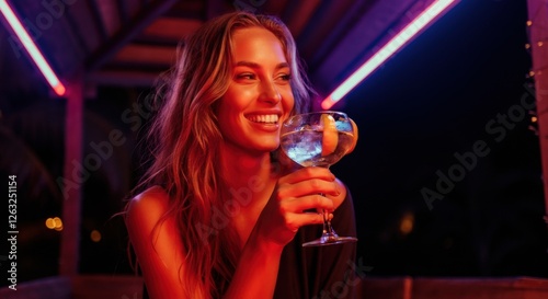 Young caucasian female enjoying a cocktail at a vibrant night venue