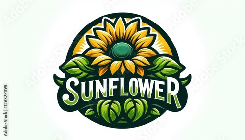 Green and yellow sunflower emblem with bold text on white background perfect for eco-friendly branding organic products and sustainable farming