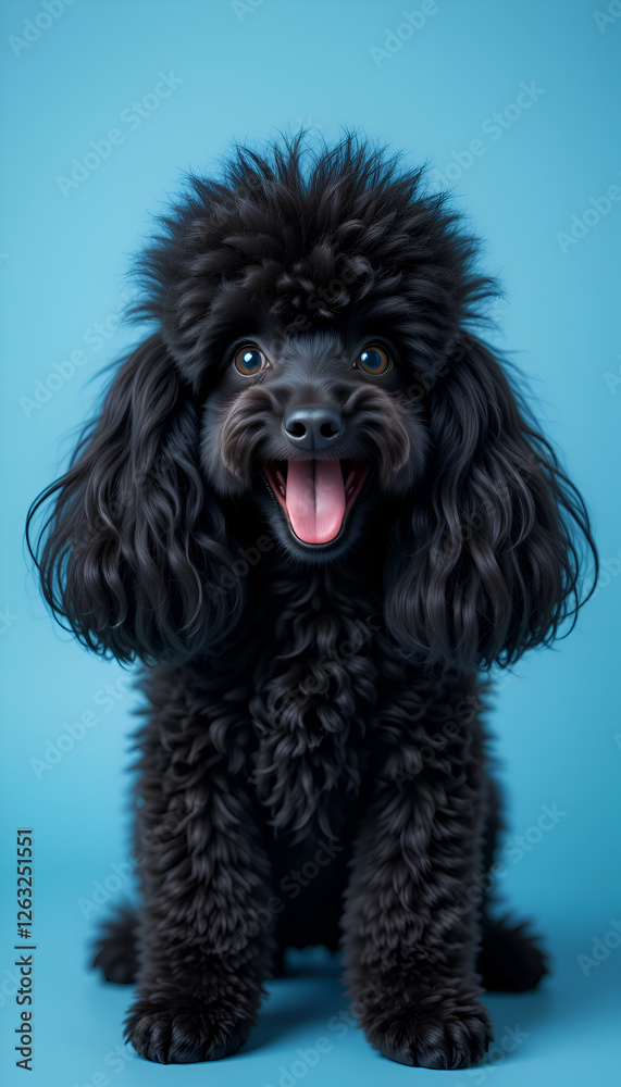 beautiful happy of black Poodle dog against blue background. Digital artwork. Ai generated