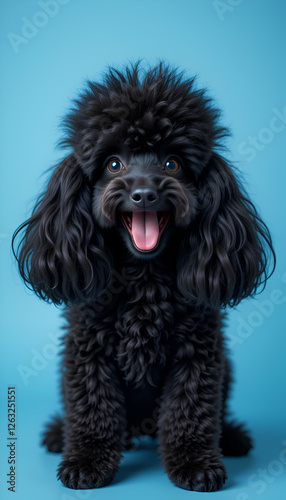Obraz na płótnie beautiful happy of black Poodle dog against blue background. Digital artwork. Ai generated w salonie