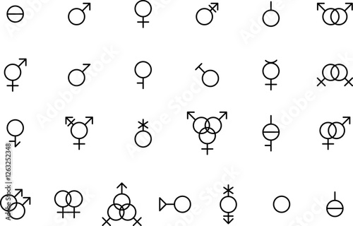 Gender line icons set. Sexual orientation sign. LGBT symbols of hetero and homo couples, female, male or unisex, asexual people. Contour sex identity emblems. Vector sign symbols icon collection.