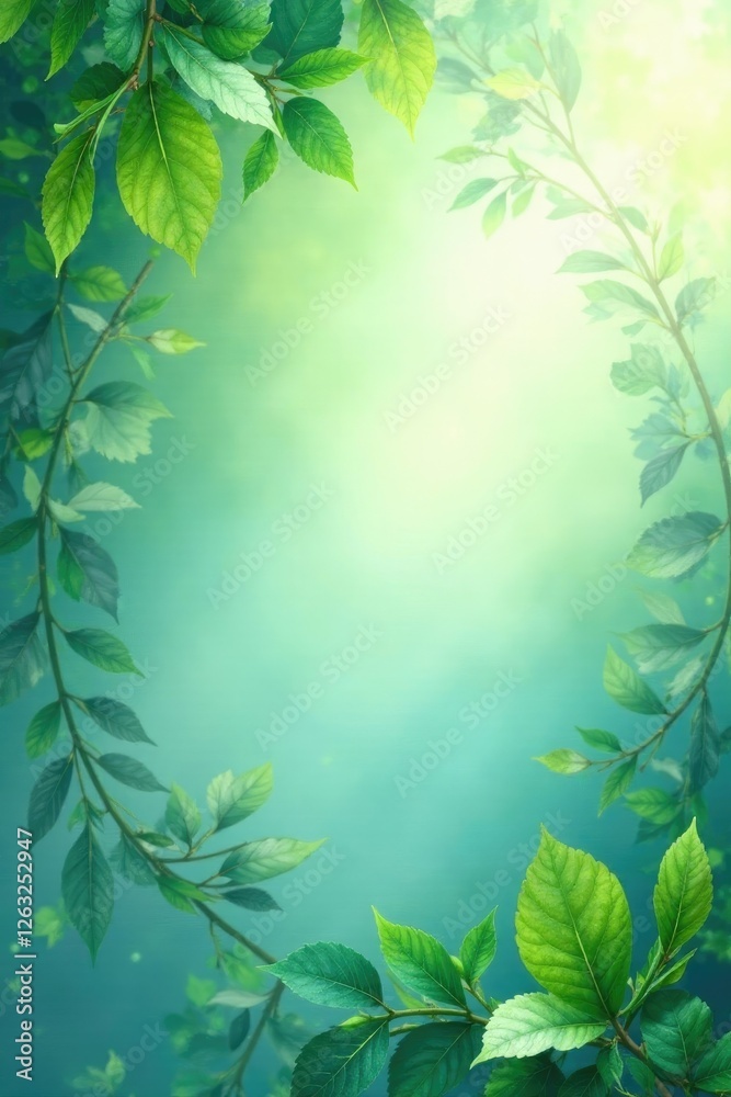 Obraz premium Soft watercolour greens and blues blending with leafy wreaths, misty atmosphere, leaves, watercolour