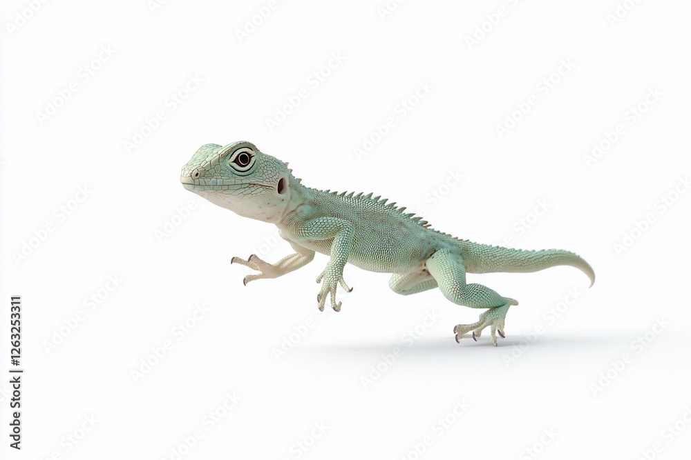 A light green lizard in mid-stride against a white background. A light green lizard in mid-stride against a white background.