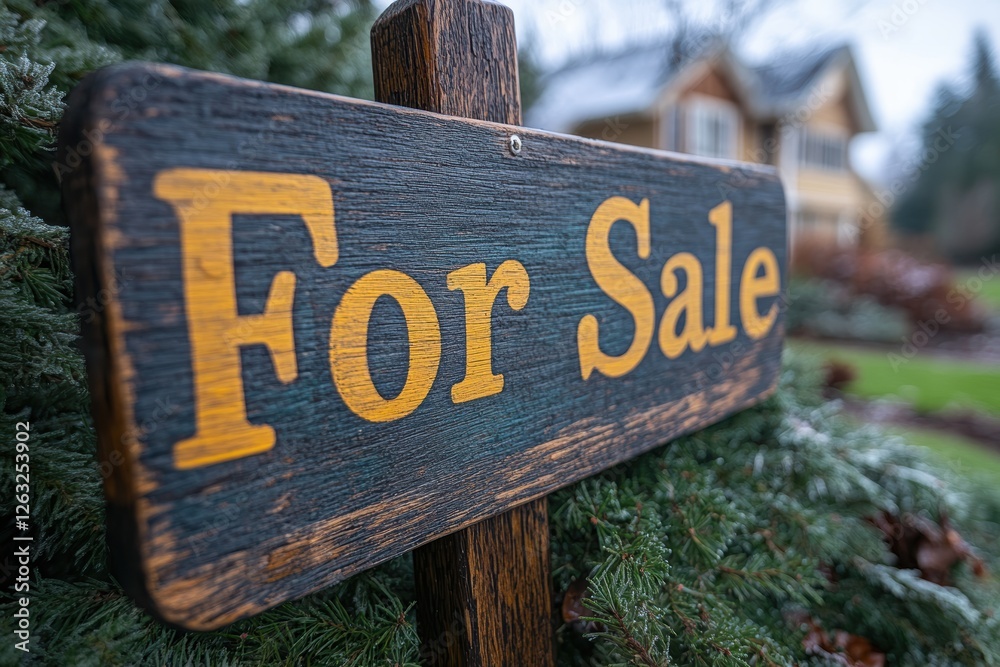 Home for sale sign in front of beautiful house surrounded by greenery Home for sale sign in front of beautiful house surrounded by greenery