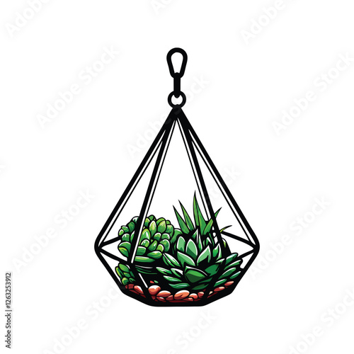 Create a clean, editable stroke vector illustration of a glass terrarium with succulents and air plants.  Include detailed plant textures.