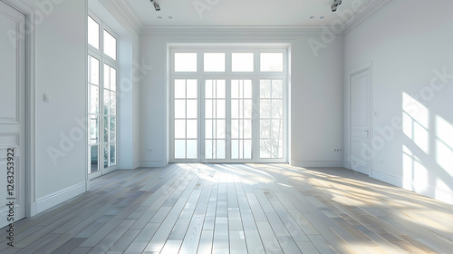 Bright, empty room with wooden flooring and large windows allowing natural light in, showcasing a serene atmosphere