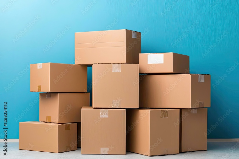 A stack of cardboard boxes arranged against a vibrant blue wall, suggesting storage, shipping, or organization themes. A stack of cardboard boxes arranged against a vibrant blue wall, suggesting storage, shipping, or organization themes.
