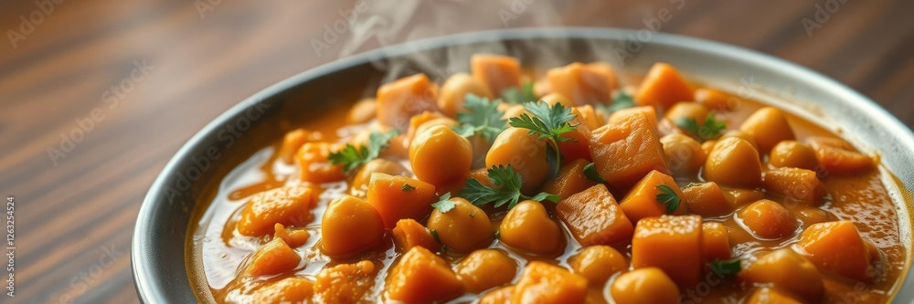 Steaming plate of sweet potato and chickpea curry, chickpeas, sweet potatoes Steaming plate of sweet potato and chickpea curry, chickpeas, sweet potatoes