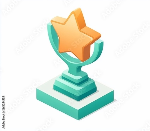 Isometric illustration of a gold star award trophy on a teal base. photo