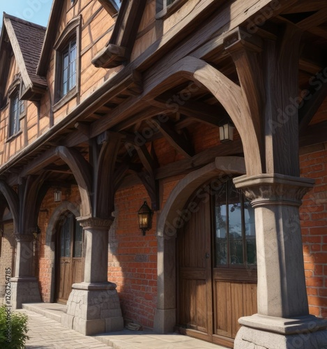 Steeply pitched roof with arches and half-timbered facade, arches, traditional architecture