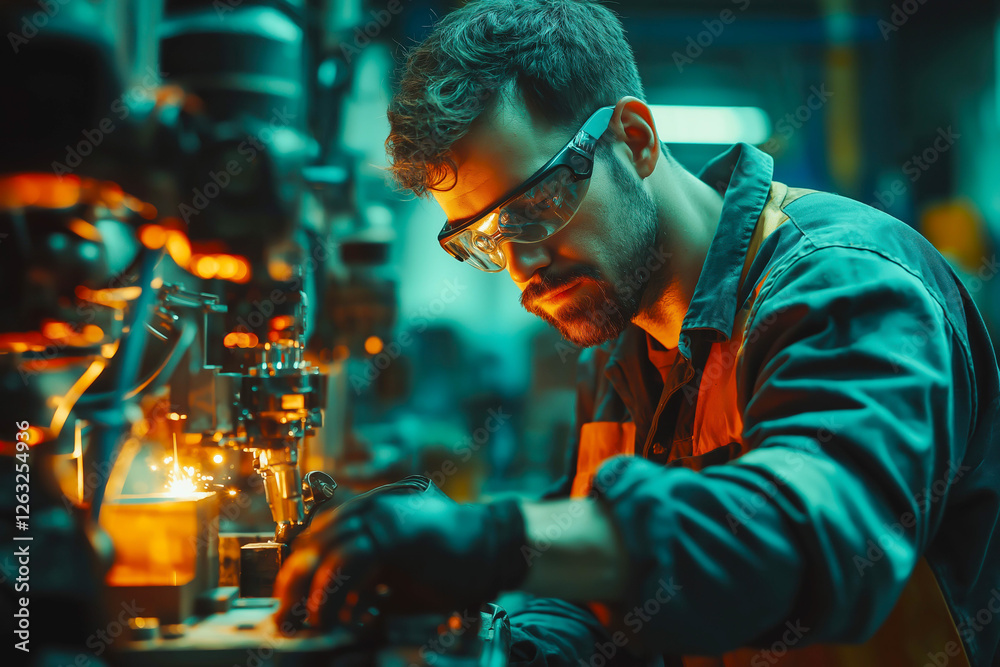 Engineer check and control welding robotics automatic arms machine in factory automotive industrial. blurred digital manufacturing operation. Engineer check and control welding robotics automatic arms machine in factory automotive industrial. blurred digital manufacturing operation.