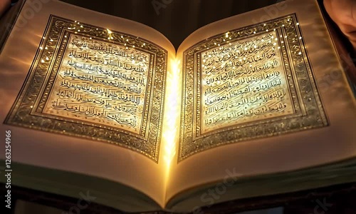 A glowing open Quran held by hands, symbolizing spirituality and enlightenment.