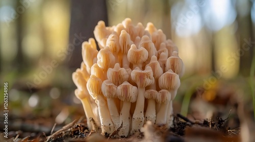 Close-up of numerous pale beige mushrooms clustered together on forest floor, illuminated by sunlight. photo