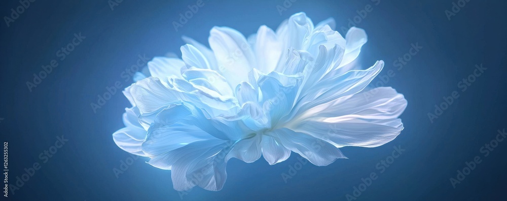 Obraz premium A delicate blue flower floats gracefully against a soft, luminous background, showcasing intricate petals and a serene aesthetic.