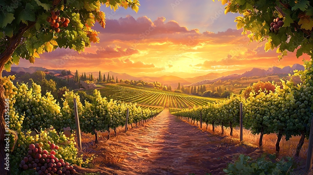 Fototapeta premium Scenic vineyard pathway at golden sunset. Lush vineyards extend into distance.