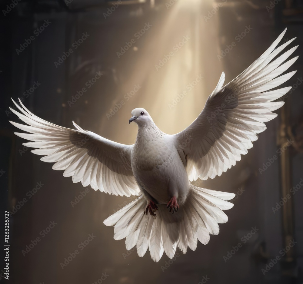 Obraz premium Stunning white dove with outstretched wings in dramatic lighting, peaceful, wildlife
