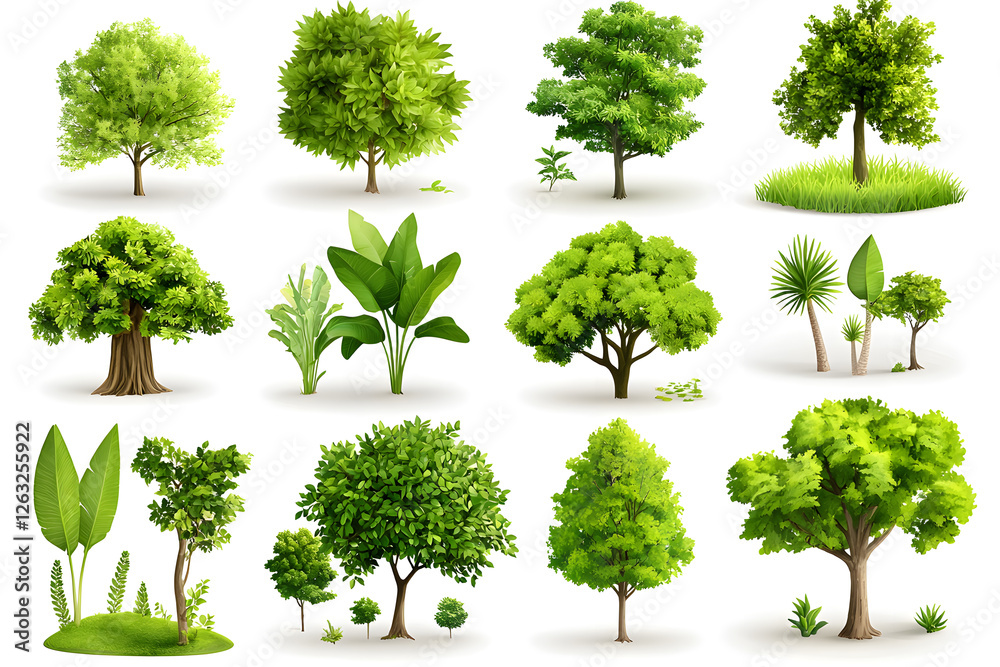 Fototapeta premium Various realistic green trees collection isolated on white background
