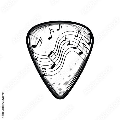 Create a clean, editable vector illustration of a guitar pick with musical notes elegantly incorporated into its design.  Include options for stroke width adjustment.