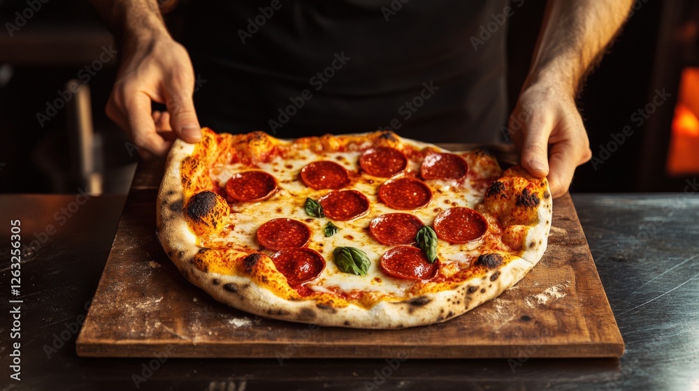 Person adding pepperoni toppings to large pizza on wooden board in studio setting Person adding pepperoni toppings to large pizza on wooden board in studio setting