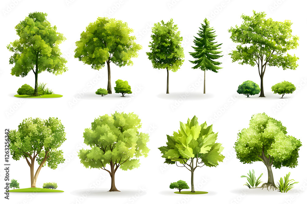 Fototapeta premium Various realistic green trees collection isolated on white background