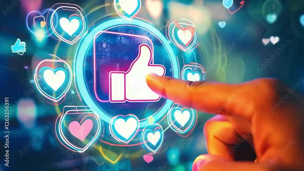 Interactive digital interface: hand navigating a social media icon with vibrant heart animations