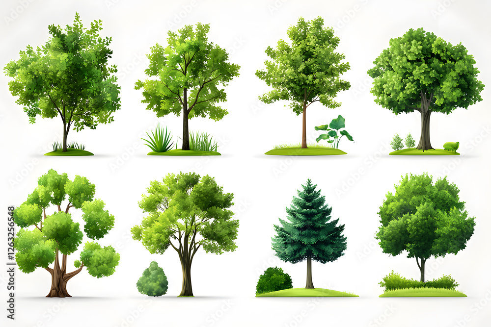 Fototapeta premium Various realistic green trees collection isolated on white background