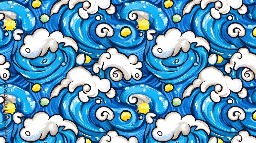 Fototapeta premium Colorful Water Waves Pattern with Clouds and Sun Elements