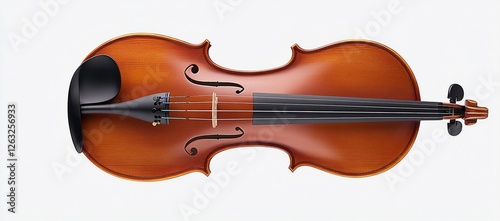 Overhead view of a polished violin on white background.