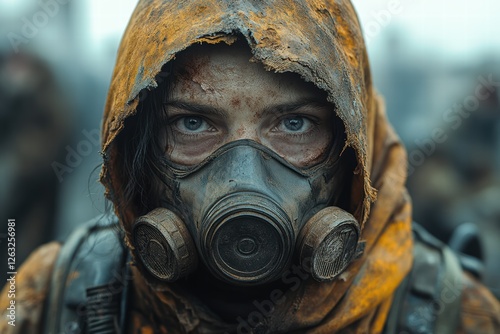 Survival in a pandemic world with a masked figure in tattered clothing