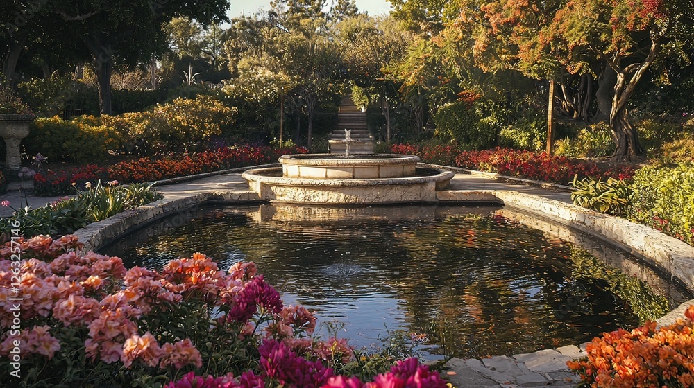 Fototapeta premium Serene garden with colorful flowers and a fountain reflecting the trees.