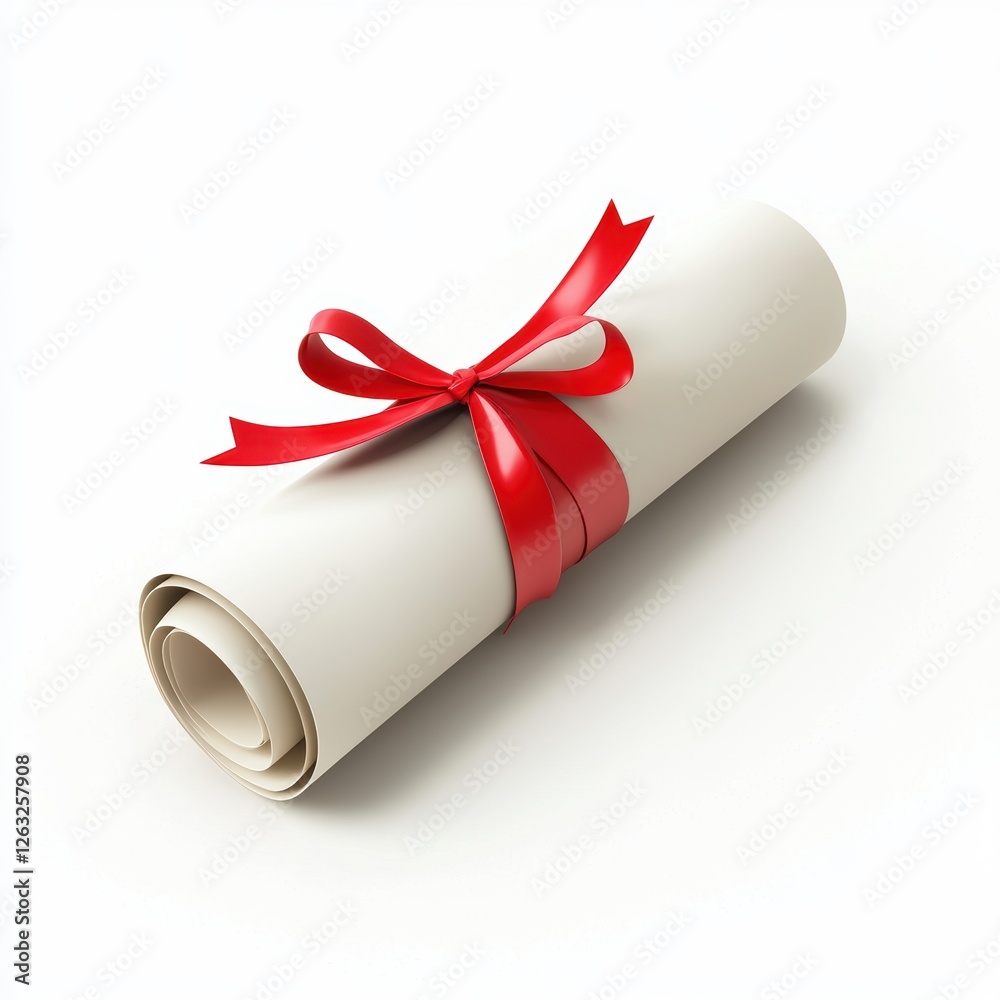 Rolled-up diploma tied with a red ribbon on a white background Rolled-up diploma tied with a red ribbon on a white background