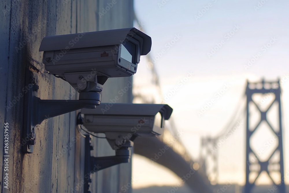 Two security cameras mounted on a wall, with a bridge in the background at sunrise. Two security cameras mounted on a wall, with a bridge in the background at sunrise.