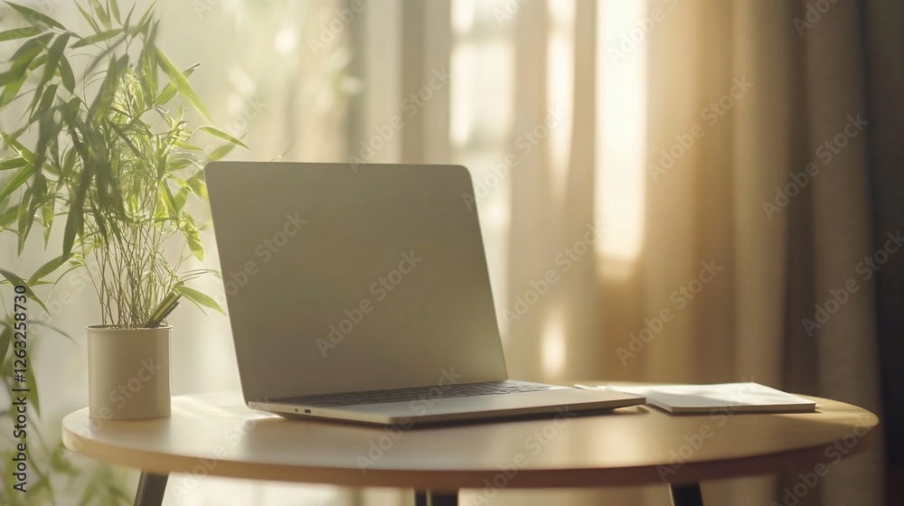 Laptop on wooden table near window with plant and notebook. Laptop on wooden table near window with plant and notebook.