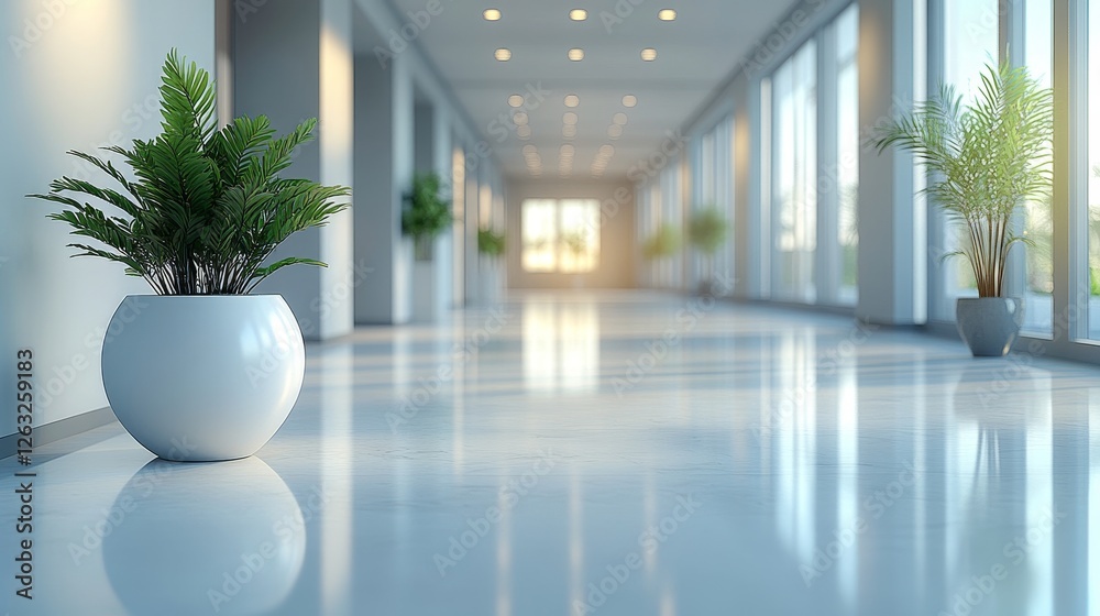 Obraz premium A serene corridor featuring large windows, bright lighting, and decorative plants in white pots, creating a calm and modern atmosphere.
