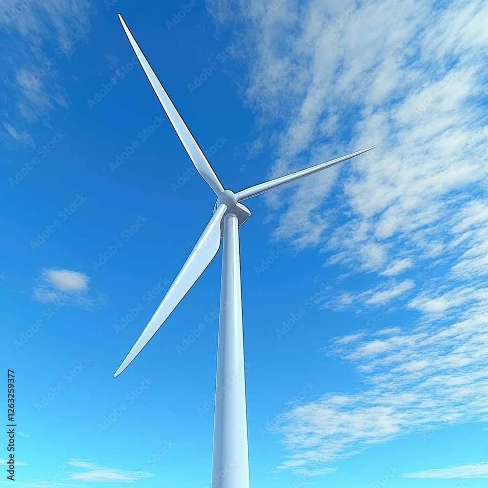 Wind turbine standing tall with a clear sky behind it on a white background Wind turbine standing tall with a clear sky behind it on a white background