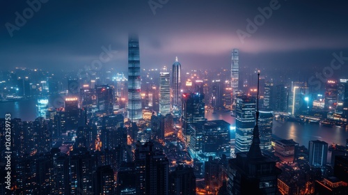 Wallpaper Mural Futuristic megacity skyline, neon-lit skyscrapers, aerial night view, cyberpunk aesthetic, foggy atmosphere, glowing lights, dense urban landscape, moody blue tones, high-rise buildings, Torontodigital.ca