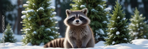 Tall evergreen tree with snow-covered branches and raccoon figurines on a garden bed , garden ornaments , decorative raccoon