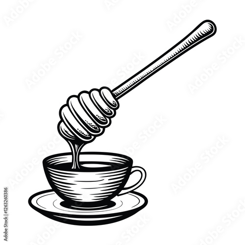 Create an editable stroke vector graphic of a honey dipper dripping golden honey.  Illustrate a realistic, viscous flow.