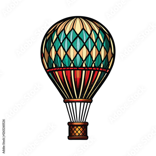 Create a vibrant, editable stroke vector graphic of a hot air balloon soaring against a clear sky.  Include detailed basket and burner elements.