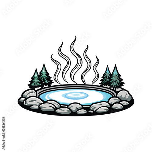 Editable vector illustration of a hot spring with rising steam, ideal for travel brochures or website design.