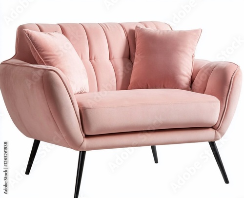 Pink velvet loveseat with black legs and two pillows. photo