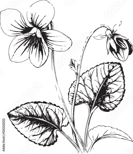 Violet Flower Black and White Vector Illustration, Sketch Drawing Linear Line Art Engraving, Isolated