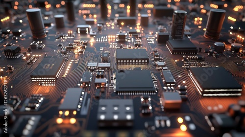 computer circuit board, macro photography, intricate electronic components, glowing lights, microchips, transistors, resistors, copper traces, futuristic technology, depth of field, tilt-shift effect,
