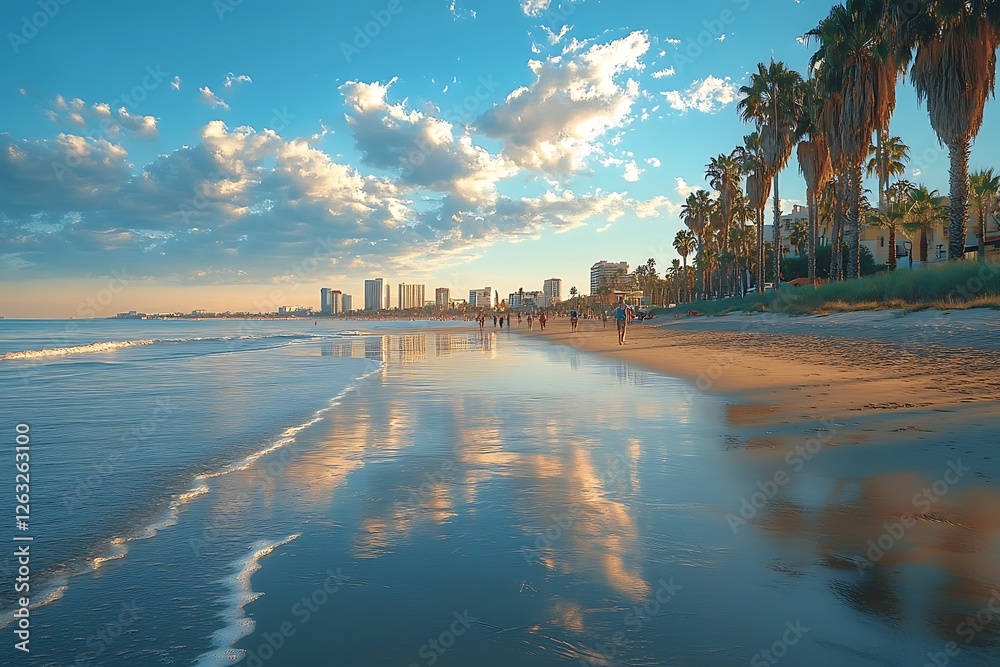 Obraz premium Tranquil Beach Scene at Sunset with City Skyline Reflection